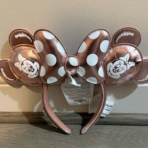 Disney Loungefly Rose Gold Minnie Mouse Ear Headband with White Polka Dot Bow